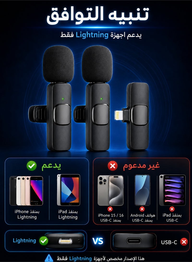TUNKE 1T2 Dual Wireless Lavalier Microphone for iPhone/iPad Lightning Port Only, 2 Transmitters + 1 Receiver, Plug & Play Clip Mic, No App or Manual Bluetooth Pairing Needed, Not USB-C, Not for iPhone 15/16 - Image 2
