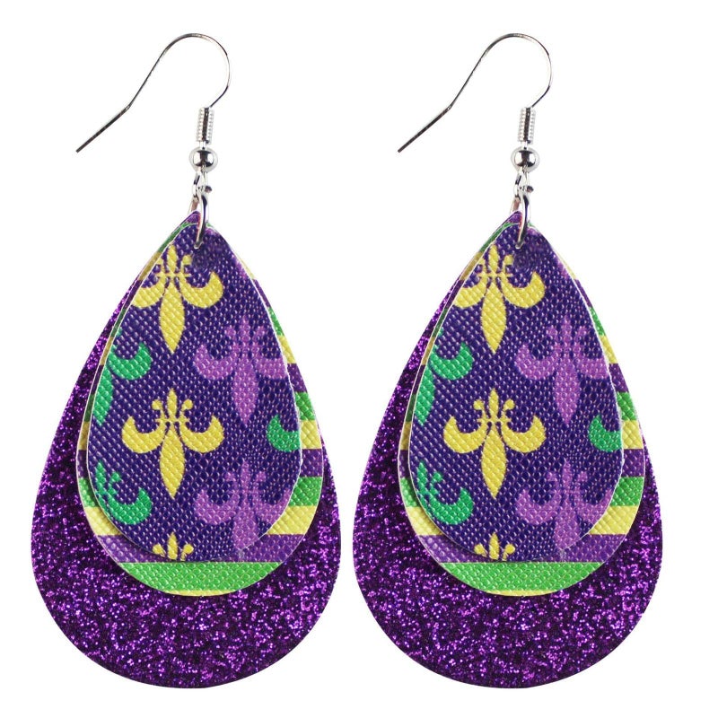 Colorful Mardi Gras Carnival Leaf Shape Leather Dangle Earrings Layered Shining Mardi Gras Theme Teardrop Earrings for Women Jewelry(A)