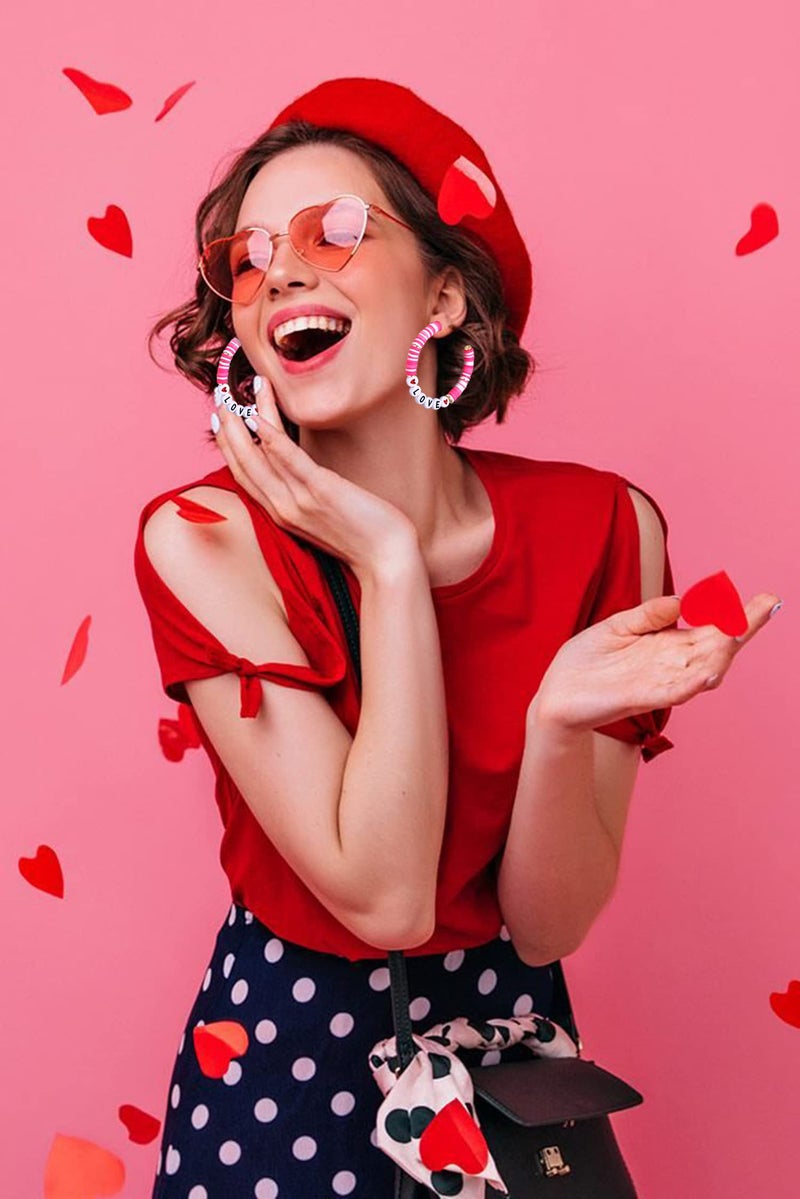 ARATLENCH Valentines Day Earrings for Women 6/9 Pairs Valentine Heart Earrings Set Red XO XO LOVE Tassel Long Dangling Earrings Handmade Pink Heishi Beaded Hoop Stud Earrings Glitter Rhinestone Pearl Studs - Image 5