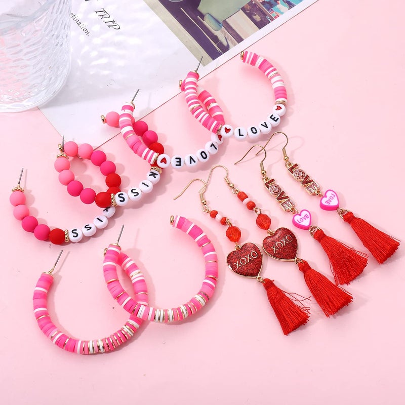ARATLENCH Valentines Day Earrings for Women 6/9 Pairs Valentine Heart Earrings Set Red XO XO LOVE Tassel Long Dangling Earrings Handmade Pink Heishi Beaded Hoop Stud Earrings Glitter Rhinestone Pearl Studs - Image 4