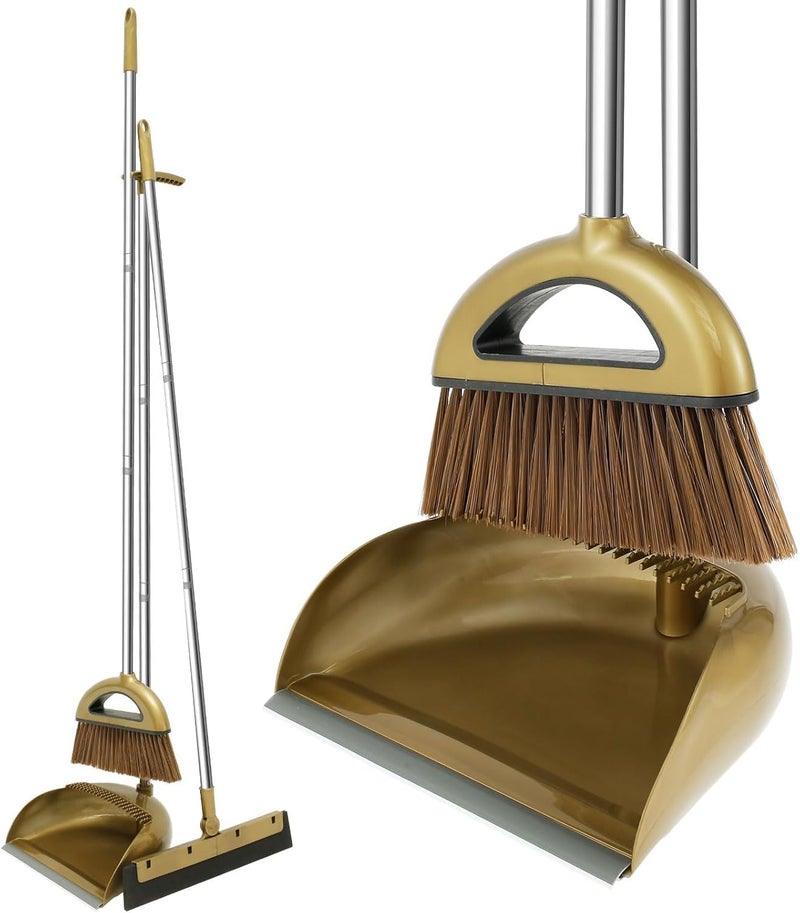 KASTWAVE 3Pcs Broom and Dustpan Long Handle Dustpan and Brush Sets with Comb Teeth Portable Broom with Dustpan Combo 180° Rotatable Floor Squeegee Efficient Sweeper Dustpan Set for Home Room Kitchen Office - Image 1