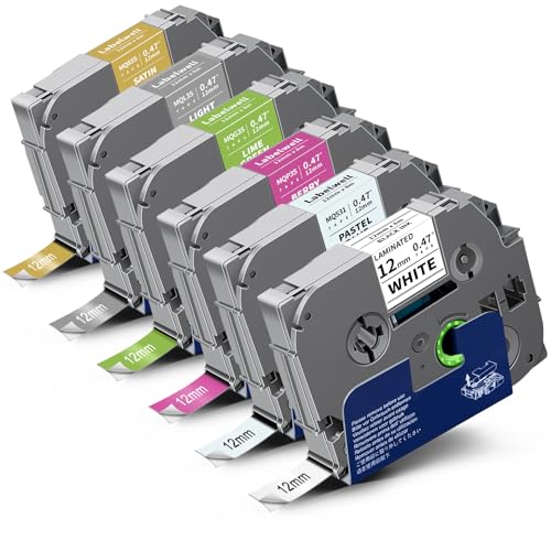 Labelwell 6-Pack Compatible TZe Label Tape 12mm 0.47 Laminated Multi-Color TZe-335 535 635 735 MQP35 MQG35 TZe-231 TZ Tape for PT-H110 D210 D220 D400, Black/Blue/Yellow/Green/Pink/Lime Green - Image 1