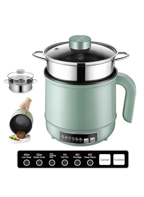 Multicooker, 5 cooking modes, Timer and automatic stop function, With stainless steel steam basket, 600W, 1.7L, Portable, Green Silver