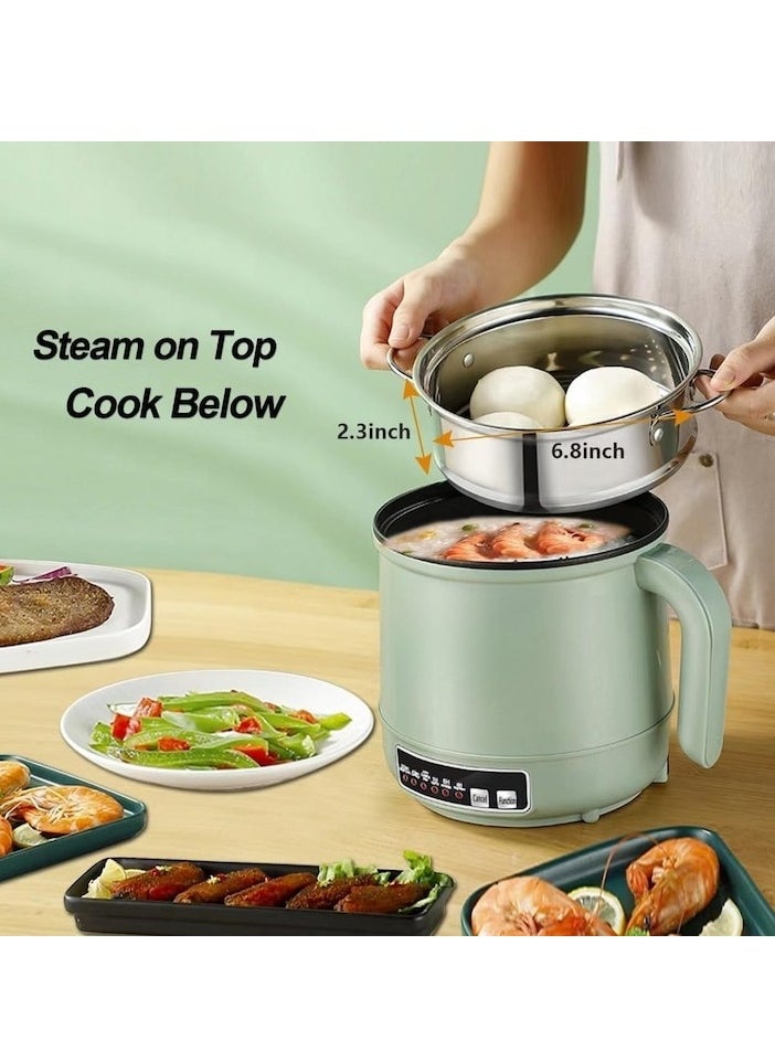 XiuWoo - Multicooker, 5 cooking modes, Timer and automatic stop function, With stainless steel steam basket, 600W, 1.7L, Portable, Green Silver - Image 1