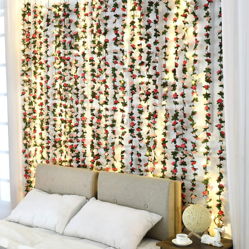 BLEUM CADE 2Pcs 16.4Ft Flower Garland Artificial Rose Vines with 16.4Ft String Lights, Cute Fake Hanging Flower Vines Floral Garland Decorations for Wedding Party Wall Room Decor Aesthetic - Image 2