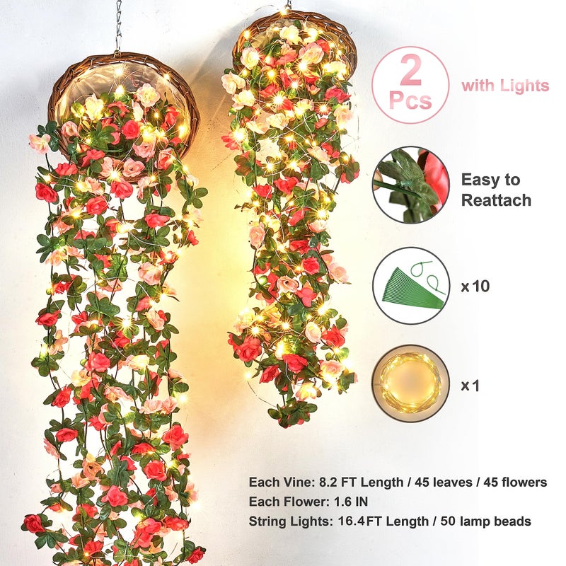BLEUM CADE 2Pcs 16.4Ft Flower Garland Artificial Rose Vines with 16.4Ft String Lights, Cute Fake Hanging Flower Vines Floral Garland Decorations for Wedding Party Wall Room Decor Aesthetic - Image 5