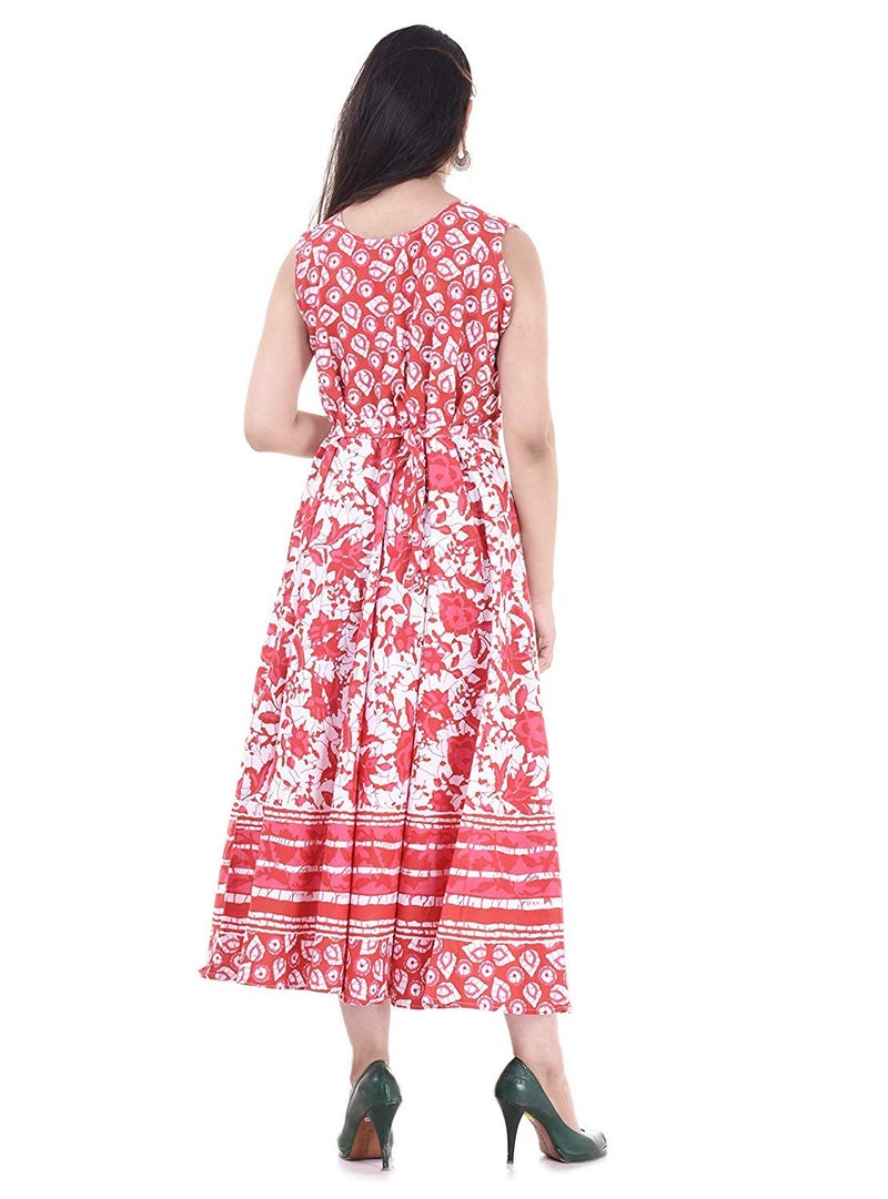 Monique Brand Present Women's 100% Cotton Jaipuri Print Long Midi Maxi Dress (Rose-Rd, Casual Style, Red) - Image 3