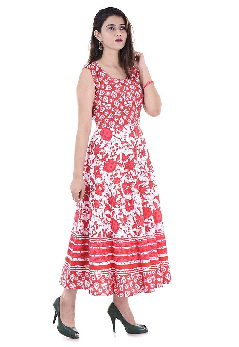 Monique Brand Present Women's 100% Cotton Jaipuri Print Long Midi Maxi Dress (Rose-Rd, Casual Style, Red) - Image 2