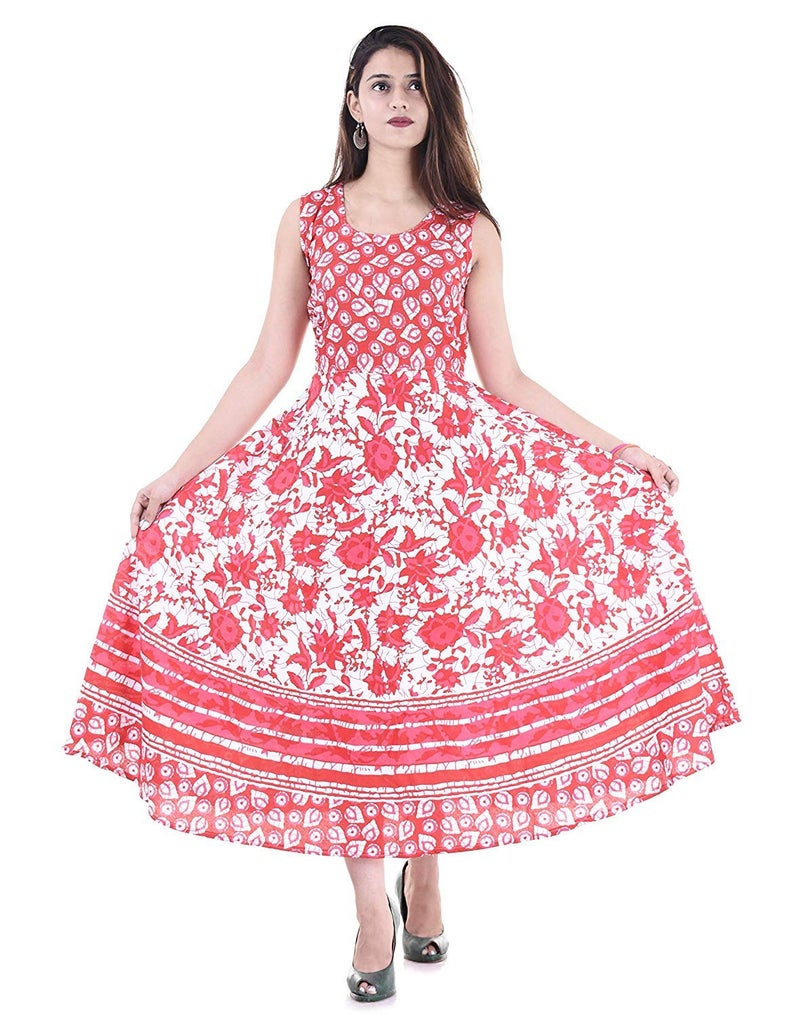 Monique Brand Present Women's 100% Cotton Jaipuri Print Long Midi Maxi Dress (Rose-Rd, Casual Style, Red) - Image 1