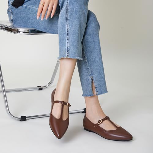 Trary Brown Flats for Women T-Straps Mary Jane Shoes Pointed Toe Women's Ballet Flats Comfortable Adjustable Buckle Slip On 2025 Fall Dress Shoes Loafer for Business Casual Work - Image 2