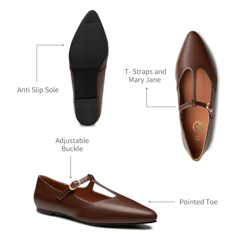 Trary Brown Flats for Women T-Straps Mary Jane Shoes Pointed Toe Women's Ballet Flats Comfortable Adjustable Buckle Slip On 2025 Fall Dress Shoes Loafer for Business Casual Work - Image 3