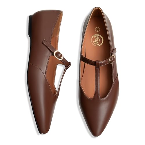 Trary Brown Flats for Women T-Straps Mary Jane Shoes Pointed Toe Women's Ballet Flats Comfortable Adjustable Buckle Slip On 2025 Fall Dress Shoes Loafer for Business Casual Work - Image 1