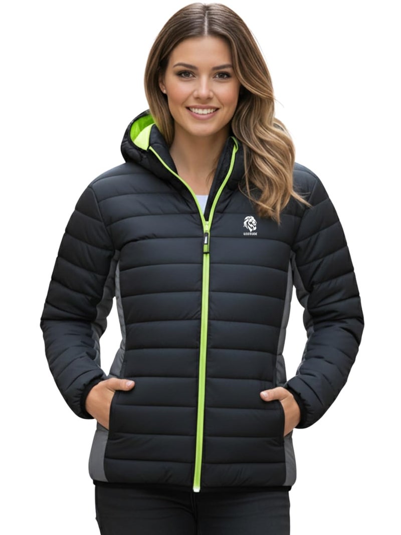 LEOTUDE Women’s Winter Puffer Hooded Jacket, Stylish Outdoor Jacket for Women (GRL_JKT19_BLK_GREY_P_Black-GreyS) - Image 1