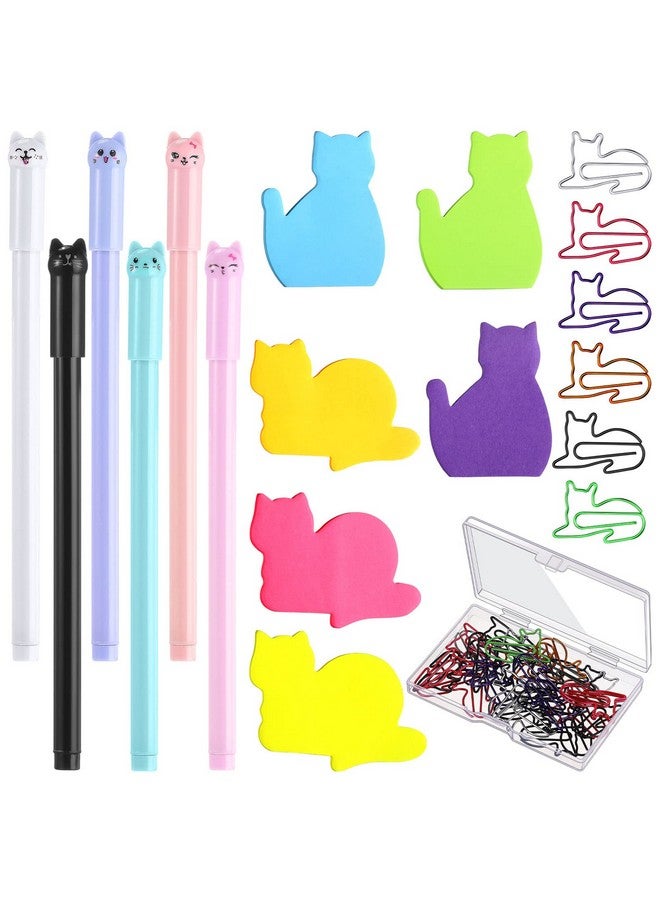 نيزيو مجموعة قرطاسية مكونة من 42 قطعة مكونة من 6 ألوان ملاحظات لاصقة لطيفة و30 قطعة من مشابك الورق و6 قطع هدايا لطيفة لمحبي القلم وإكسسوارات مكتب مكتبية جميلة لمستلزمات مكتب العمل والمدرسة (قطة لطيفة) - Image 1