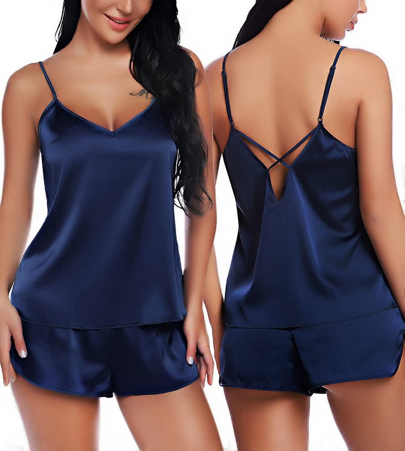 RSLOVE Women's Satin Pajamas Sexy Lingerie Sleepwear Cami Shorts Set Two-piece Pj Sets Blue L - Image 1