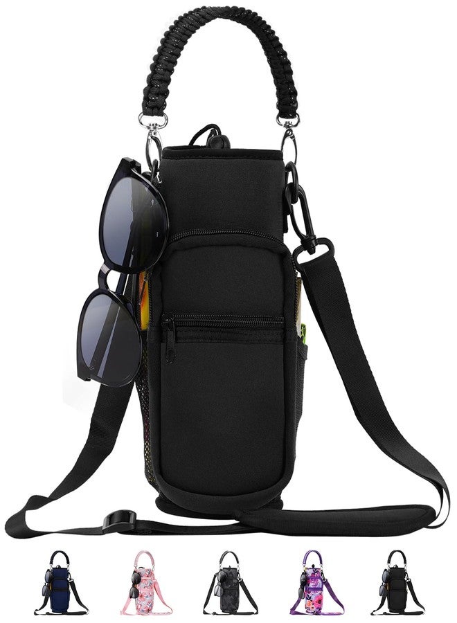 AceTreker 32 oz 40 oz Water Bottle Carrier, Neoprene Water Bottle Holder with Strap & Paracord Handle, Sport Bottle Sleeve Sling Bag with 4 Pocket for Travelling, Walking, Camping-Black - Image 1