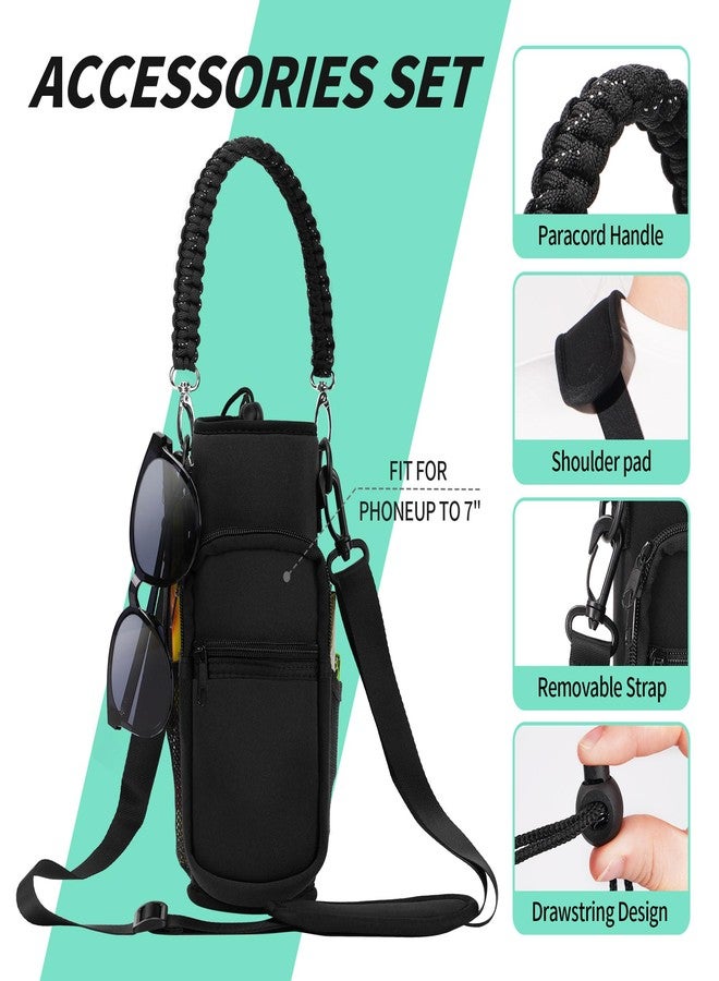 AceTreker 32 oz 40 oz Water Bottle Carrier, Neoprene Water Bottle Holder with Strap & Paracord Handle, Sport Bottle Sleeve Sling Bag with 4 Pocket for Travelling, Walking, Camping-Black - Image 3