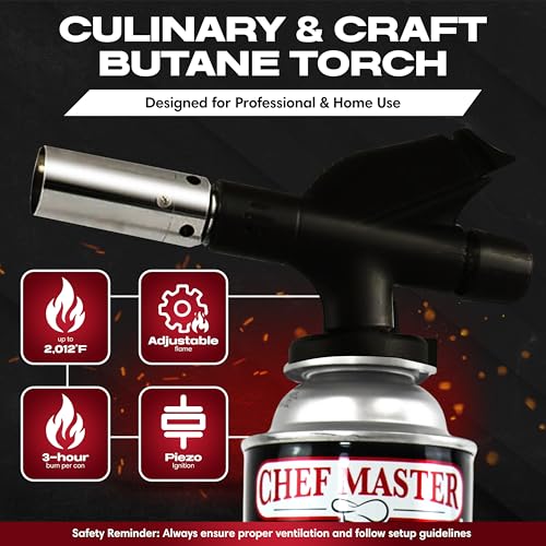 Chef-Master Chef's Torch, Kitchen Torch, Cooking Torch, Refillable Butane Torch Lighter w/ Adjustable Flame for Searing Steaks, Creme Brulee, Desserts, BBQ, Baking, Craft by Chef Master 90014(Butane Not Included) - Image 2