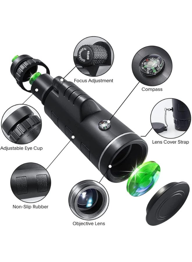 SANMUGEED 40X60 Monocular Telescope, Adjustable Focus Night Vision Monocular, Waterproof Non Slip Pocket Telescope with Phone Holder ＆ Tripod for Bird - Image 2