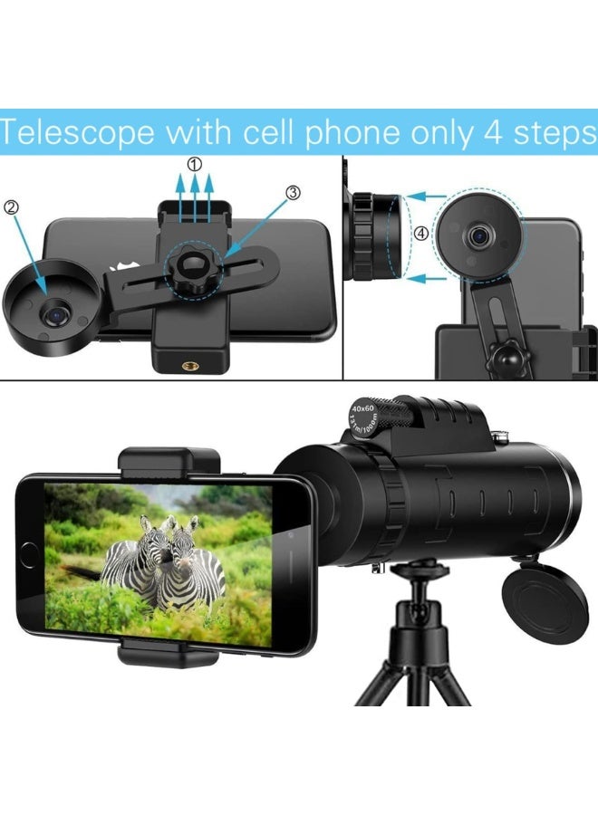 SANMUGEED 40X60 Monocular Telescope, Adjustable Focus Night Vision Monocular, Waterproof Non Slip Pocket Telescope with Phone Holder ＆ Tripod for Bird - Image 5