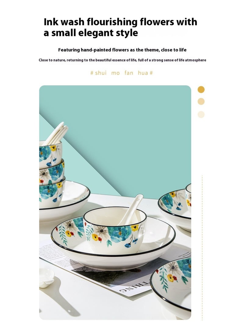 آي كي طقم أدوات مائدة من البورسلان العظمي بنقشة الحبر – 22 قطعة | حرق بدرجة حرارة عالية | تصميم أنيق للاستخدام العائلي - Image 5