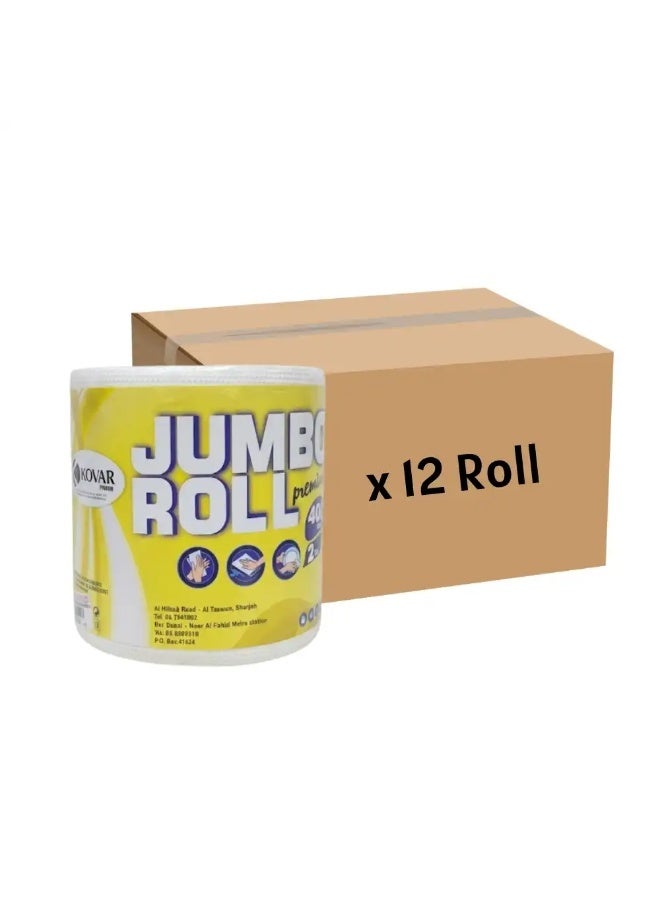 Kovar Jumbo Roll Bulk Premium 2 PLY 400 Tissue Roll Sheets- 12 Roll
