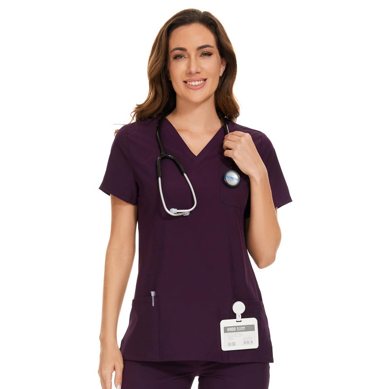 COZYFIT Scrub Tops for Woman - Soft Stretch, V-Neck Top Scrubs with 3 Pockets, Easy Care for Women Dark Purple - Image 1