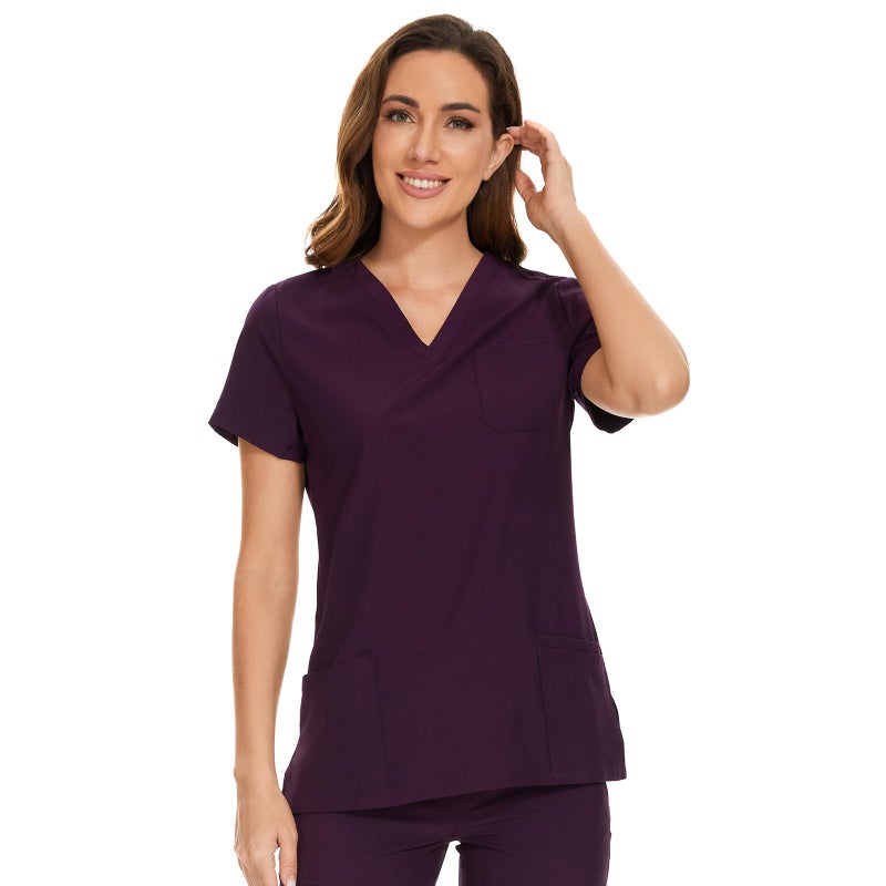 COZYFIT Scrub Tops for Woman - Soft Stretch, V-Neck Top Scrubs with 3 Pockets, Easy Care for Women Dark Purple - Image 2