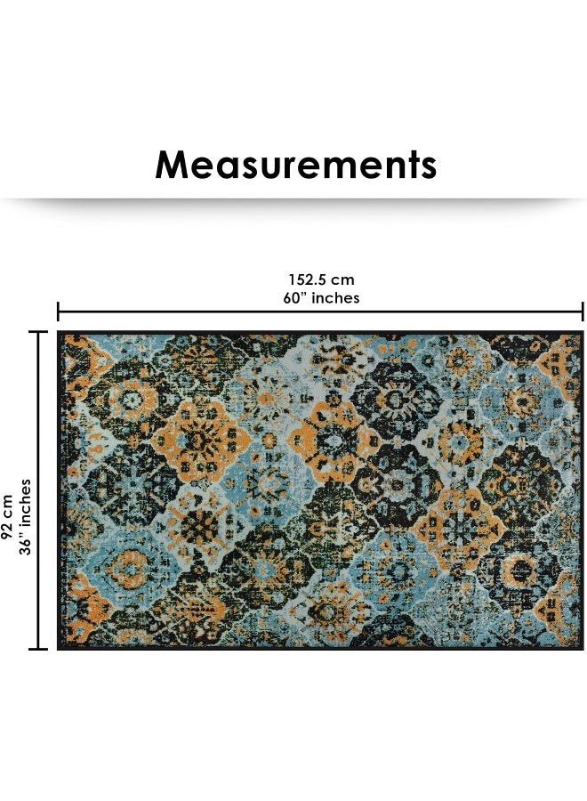 Story@Home Carpet for Hall | Mat for Living Room 3x5 feet, Polyester, Blue and Orange Ethnic Grunge Design Rug | Dari for Floor Big Size, Home Decoration Items for Bedroom | Perfect for Room Decor - Image 2