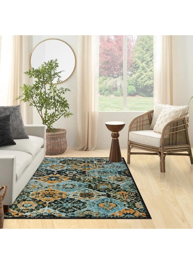 Story@Home Carpet for Hall | Mat for Living Room 3x5 feet, Polyester, Blue and Orange Ethnic Grunge Design Rug | Dari for Floor Big Size, Home Decoration Items for Bedroom | Perfect for Room Decor - Image 1