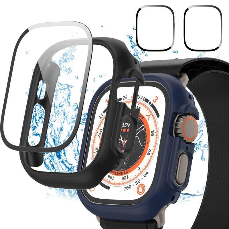 Cuteey Apple Watch Ultra 49mm 2+2 Pack Waterproof Case with Separate No-Foggy Tempered Glass Screen Protector and Hard PC Bumper, Black+Blue - Image 2