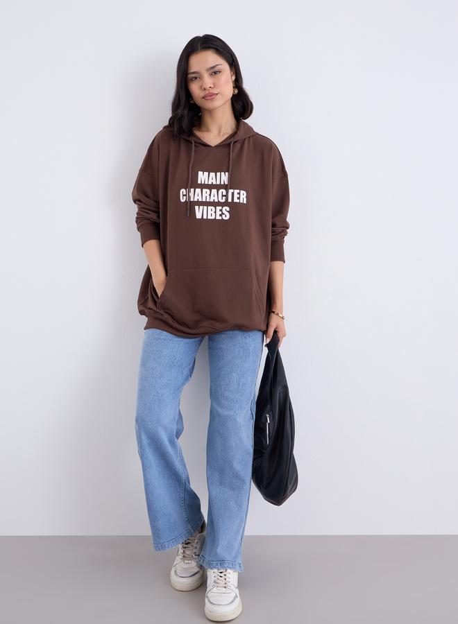 Styli Brown Oversized Slogan Print Hoodie - Image 2