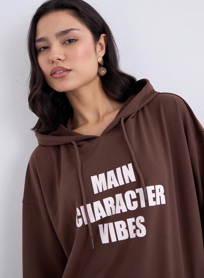 Styli Brown Oversized Slogan Print Hoodie - Image 4