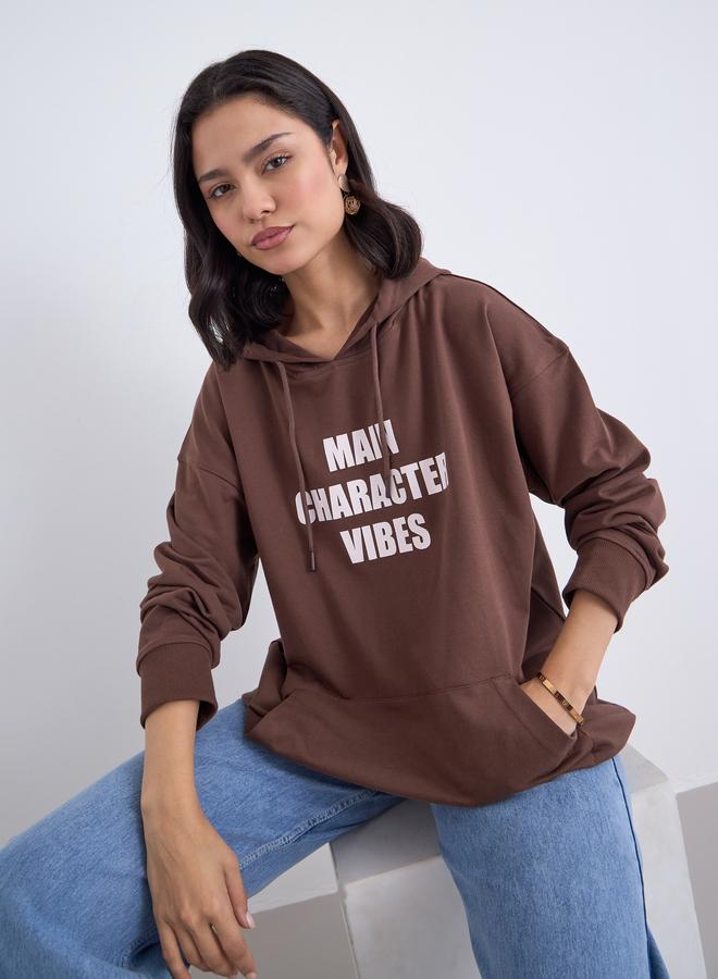 Styli Brown Oversized Slogan Print Hoodie - Image 3