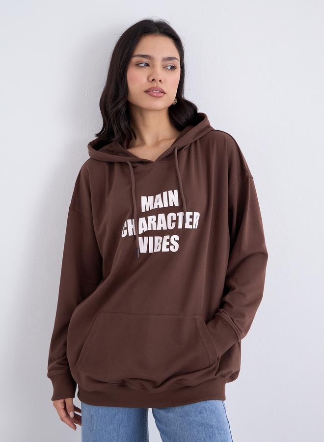 Styli Brown Oversized Slogan Print Hoodie - Image 1