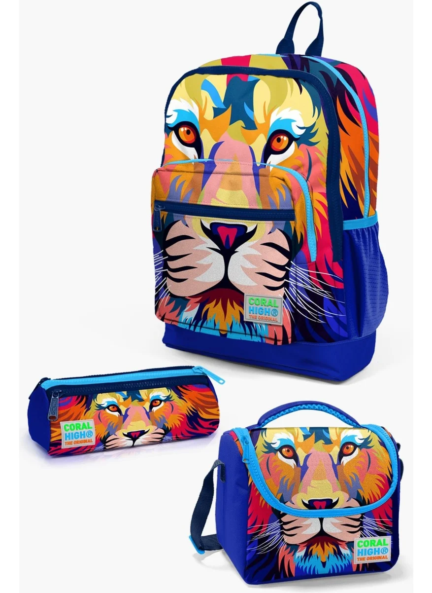 CORAL HIGH Kids Navy Blue Saks Lion Patterned 3-Piece School Bag Set SET0123741