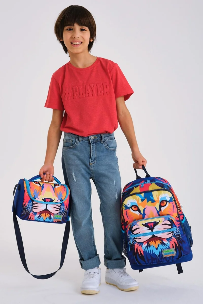 كورال هاي Kids Navy Blue Saks Lion Patterned 3-Piece School Bag Set SET0123741