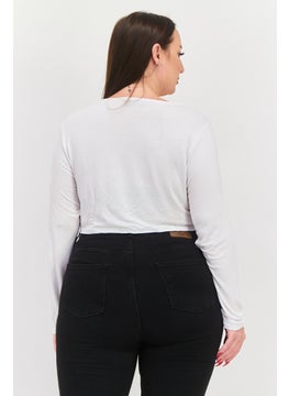 Another Reason Women Plus Size Scoop Neck Long Sleeves Plain Top, White  - Image 3