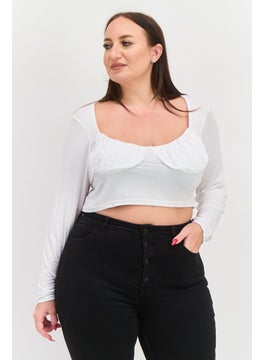 Another Reason Women Plus Size Scoop Neck Long Sleeves Plain Top, White  - Image 1