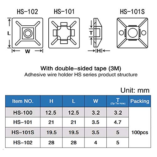 XHF 200 PCS 1/2" Black Self Adhesive Cable Zip Tie Mounts Wire Cable Clips Holders Management Anchors Organizer Holders Squares(HS-100) - Image 2