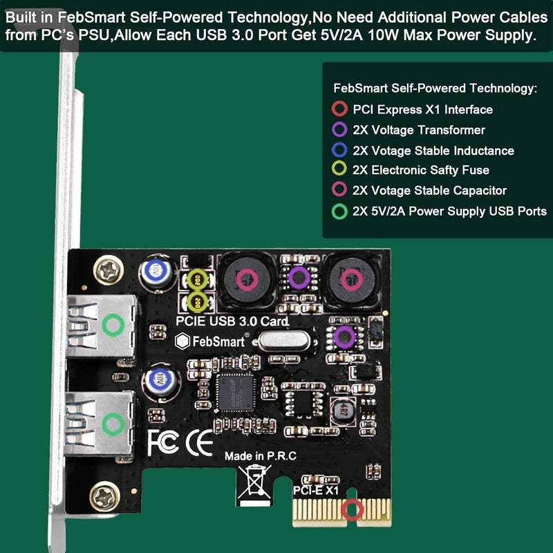 FebSmart 2-Ports Superspeed 5Gbps USB 3.0 PCI Express Expansion Card for Windows, MAC OS X and Linux Desktop PCs, Built in Self-Powered Technology, No Need Additional Power Supply (FS-U2S-Pro) - Image 3