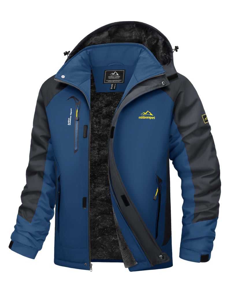 MAGCOMSEN Ski Jacket Men Waterproof Insulated Fleece Sonw Jacket Winter Snowboard Coats Warm Fishing Rain Coat with Hood Denim Blue, 2XL