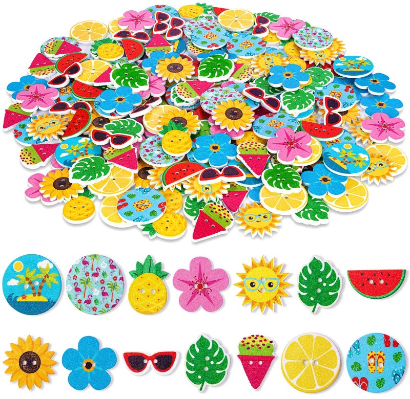HLARTNET 200 Pcs Summer Craft Beach Buttons Hawaiian Sunglasses Watermelon Pineapple Flower Shaped Wooden Buttons for Crafts Scrapbooking or Sewing Clothes and DIY Craft 