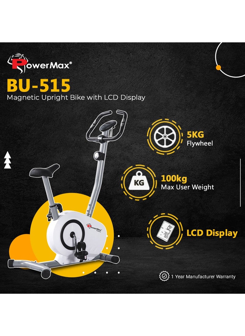 PowerMax Fitness Fitness Bu-515-Al502 Steel Magnetic Exercise Upright Bike, Grey, White  - Image 2
