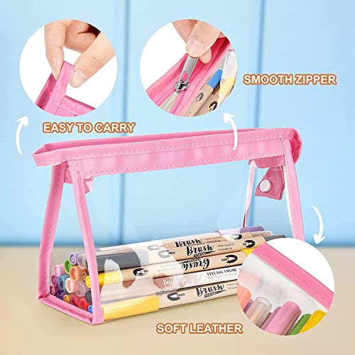 AQBAH Polyurethane Large Capacity Big Pencil Pouch For Girls & Boys, Transparent Pen Bag Organizer For School, Collage, Multi-Purpose Stationary Bag Pack Of 1 (Pink) - Image 3