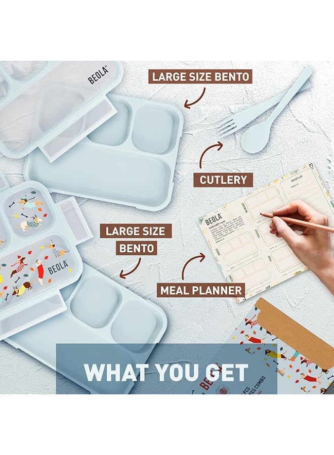 بيولا لانش بوكس للأطفال والبالغين بينتو متعدد الأقسام مع مخطط وجبات مغناطيسي للوجبات الخفيفة بـ 3 أو 4 أقسام خالي من مادة بيسفينول أ مع طقم أدوات مائدة من بيولا (مجموعة من 2 قطعة، لون نقط دوكسي) - Image 3