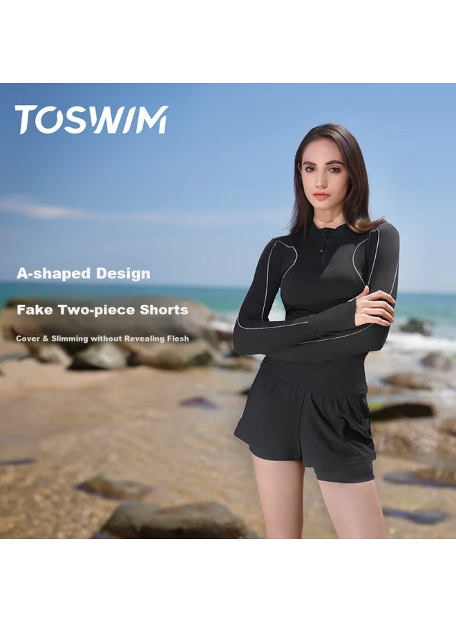 Toswim Women's Long Sleeve Sun Protection Chlorine Resistant Swimwear Top Dark Black Butterfly Wing M - Image 5