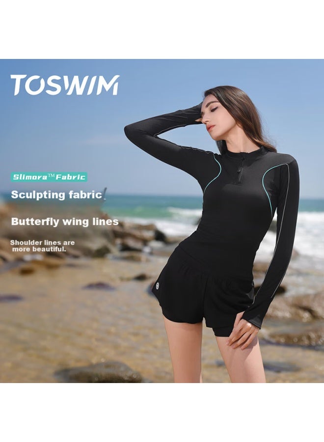 Toswim Women's Long Sleeve Sun Protection Chlorine Resistant Swimwear Top Dark Black Butterfly Wing M - Image 4
