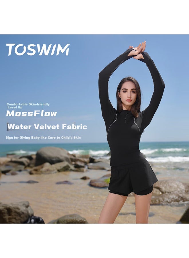Toswim Women's Long Sleeve Sun Protection Chlorine Resistant Swimwear Top Dark Black Butterfly Wing M - Image 1