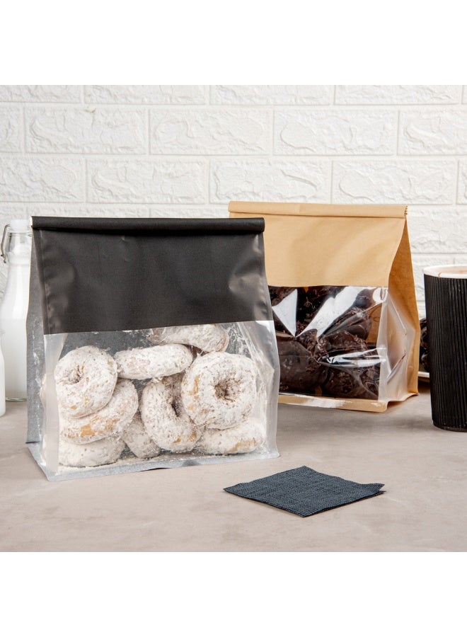Restaurantware Bag Tek 8.6 x 4.5 x 10.6 Inch Tin Tie Bags With Windows, 100 Resealable Bakery Bags With Windows - Flat Bottom, For Cookies or Coffee Beans, Black Cotton Paper Tin Tie Bags - Image 3